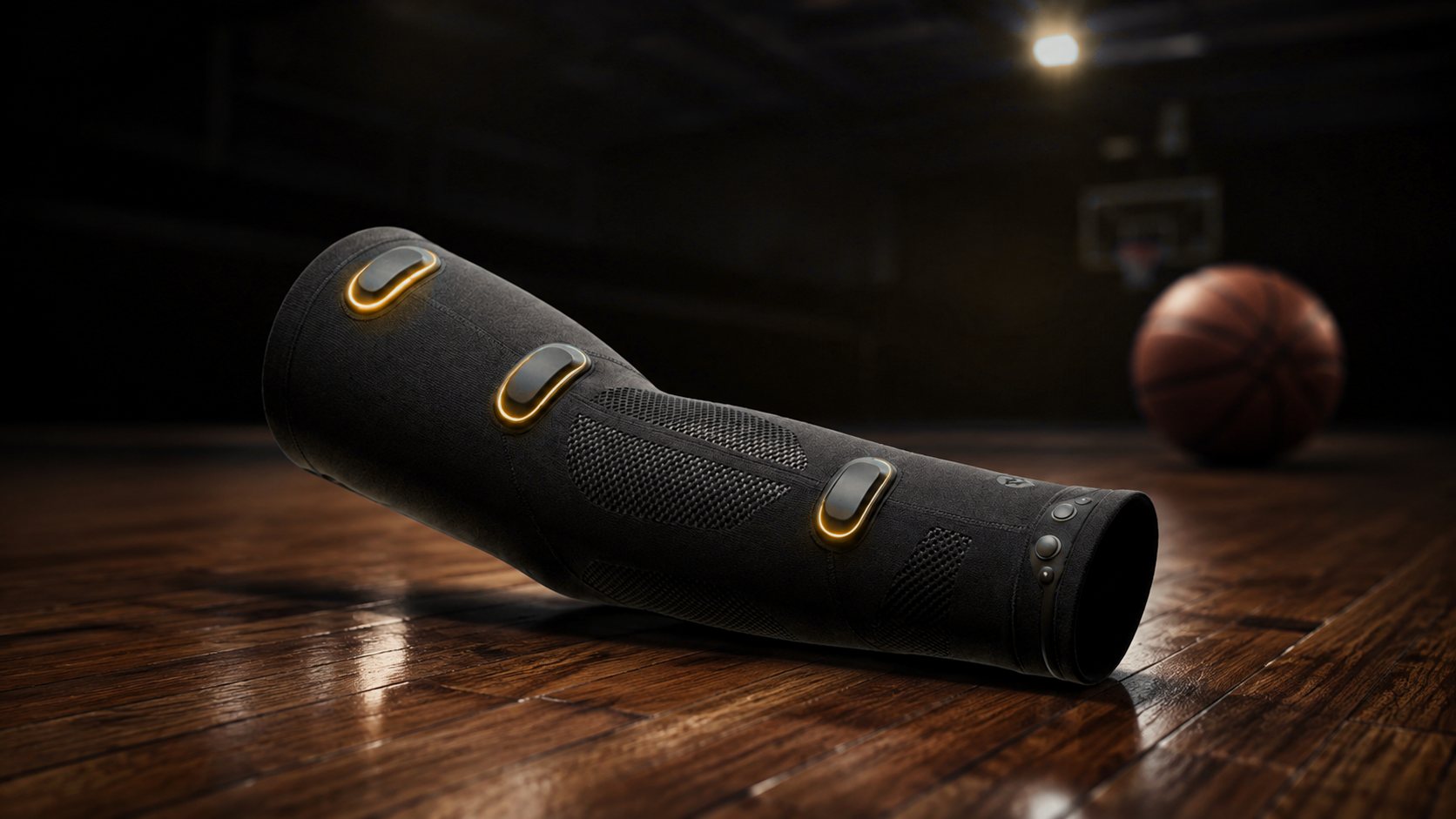 Betta sleeve resting on a hardwood court, a basketball blurred behind it