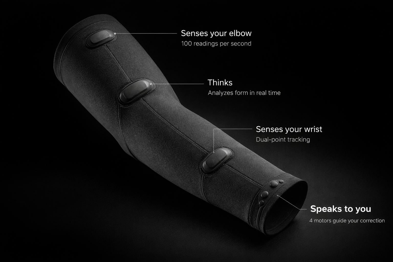 Betta smart sleeve — dual sensors at elbow and wrist, four haptic motors, real-time form analysis